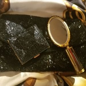 Jet Crystal Trio. Matching Clutch, Compact & Lipstick Case. Vintage